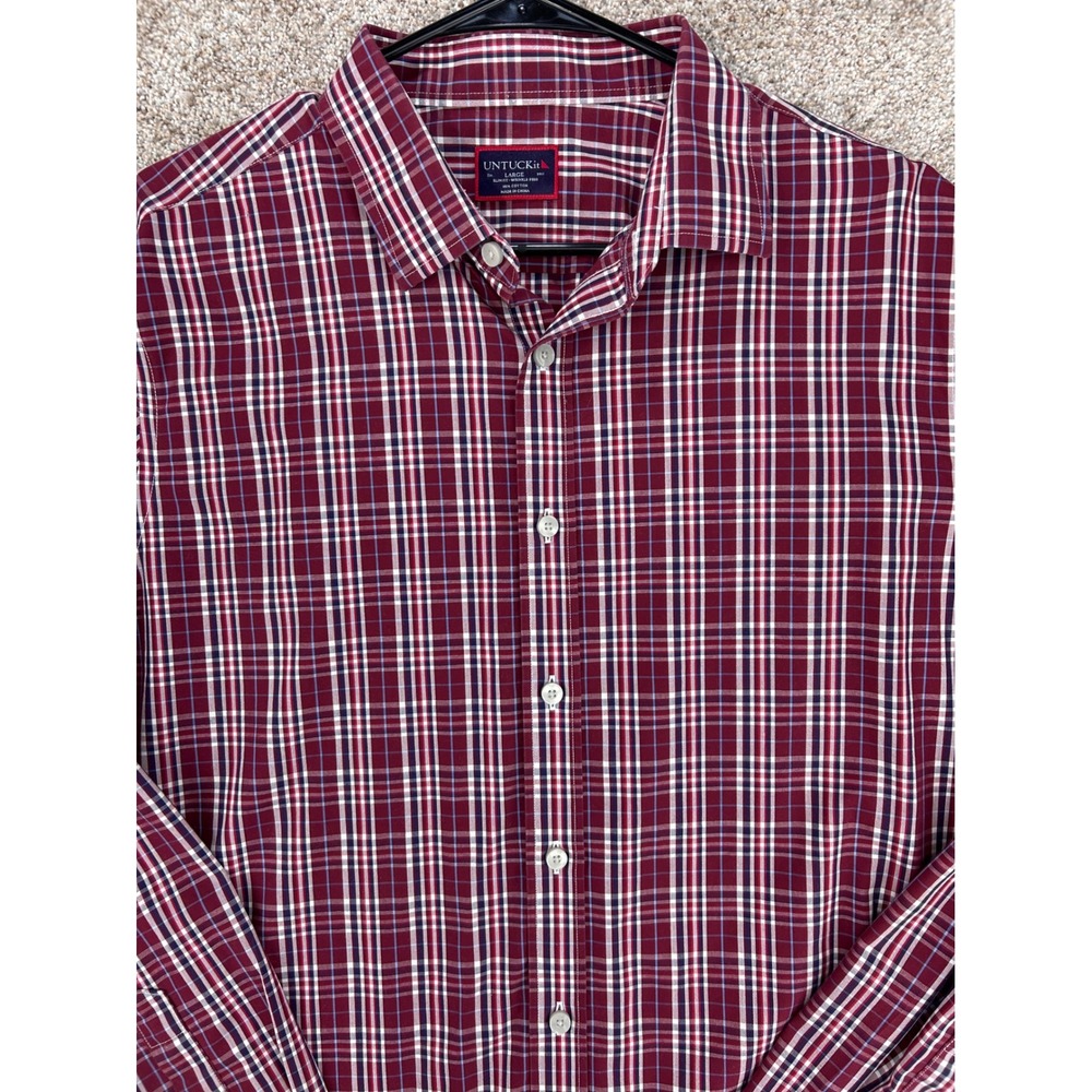 UNTUCKit Mens Slim Fit Wrinkle Free Plaid Button Down Shirt Burgundy Large